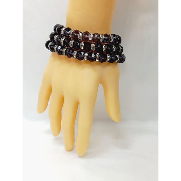 Purple Multi-Faceted Crystal Bracelets Set of 3 w/sparkling crystal rondelles - Picture 3 of 10